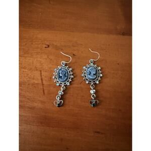 Victorian Style Blue Cameo Drop Earrings Crystal Heart Dangle Vintage Revival